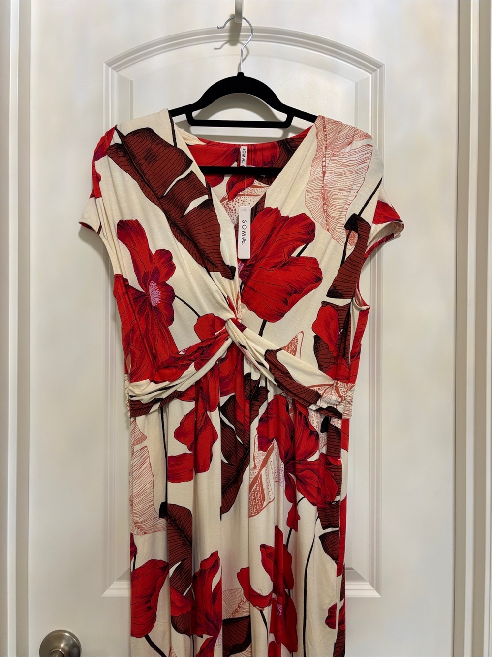 Soma Cream Midi Dress with Red Floral Twist Front